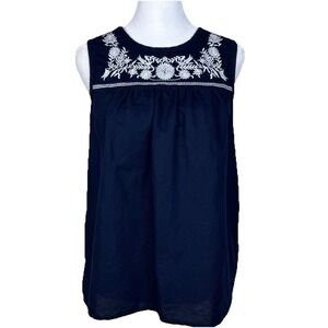 J Crew Top Women 8 Navy Blue Linen Blend Sleeveless Embroidered Floral Boho Chic